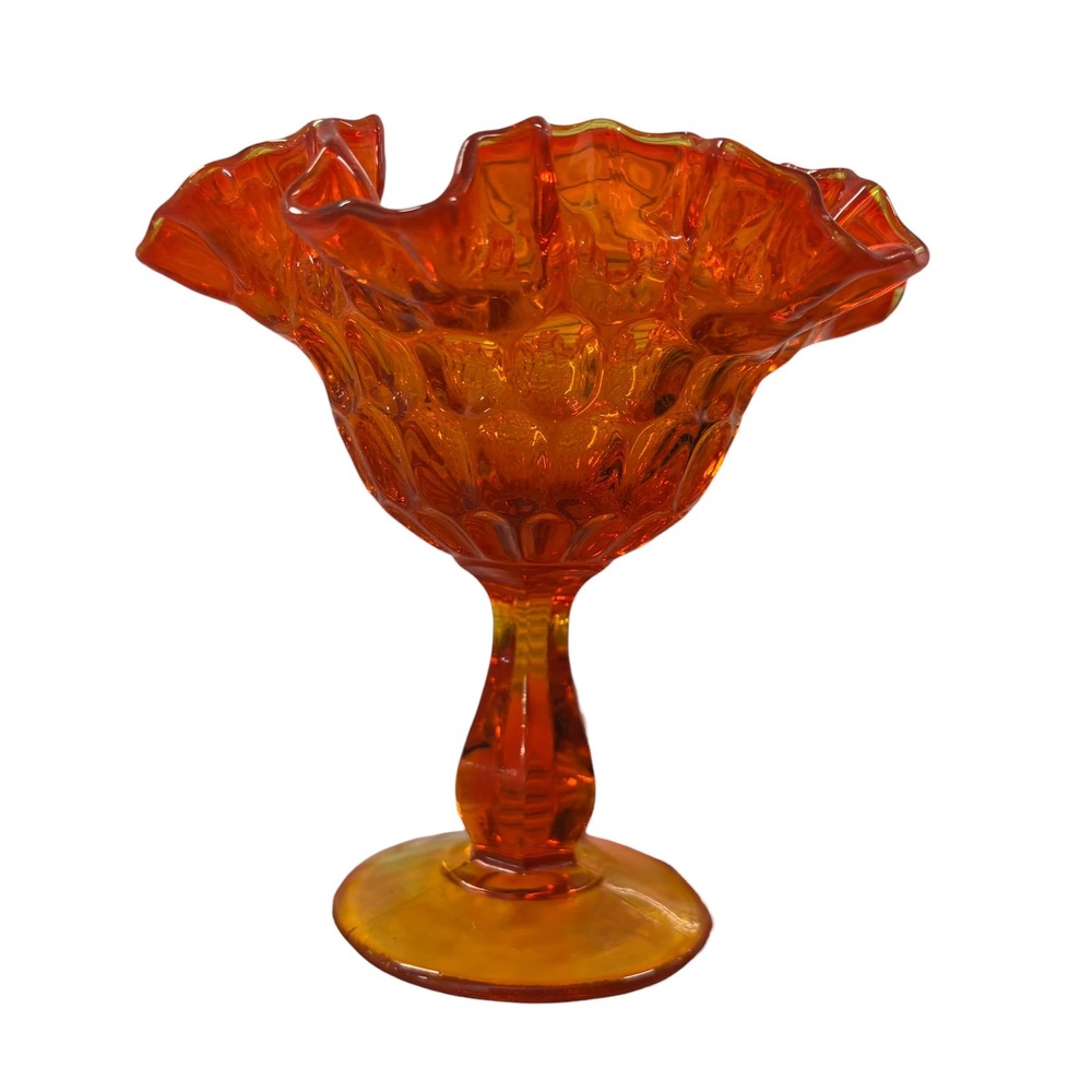Vintage Amberina Glass Ruffled Compote Thumbprint Pedestal Candy Dish Red Orange